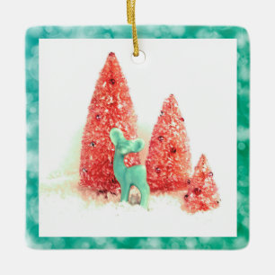 Retro Christmas Deer with Aqua Frame Ceramic Tree Decoration