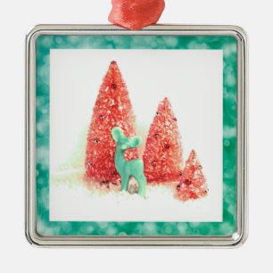 Retro Christmas Deer with Aqua Frame Metal Tree Decoration