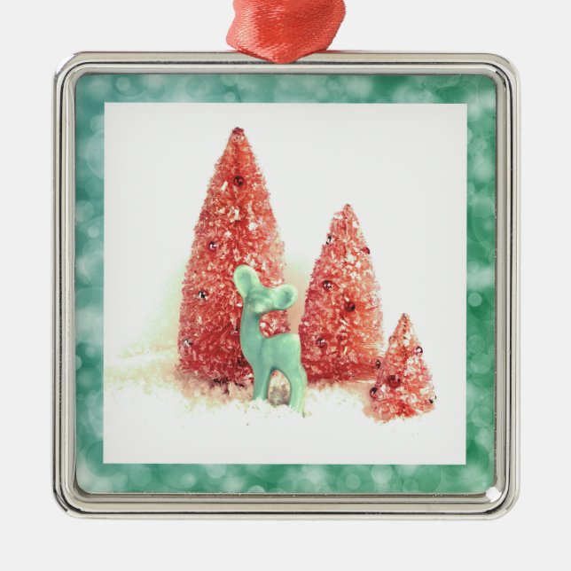Retro Christmas Deer with Aqua Frame Metal Tree Decoration (Front)