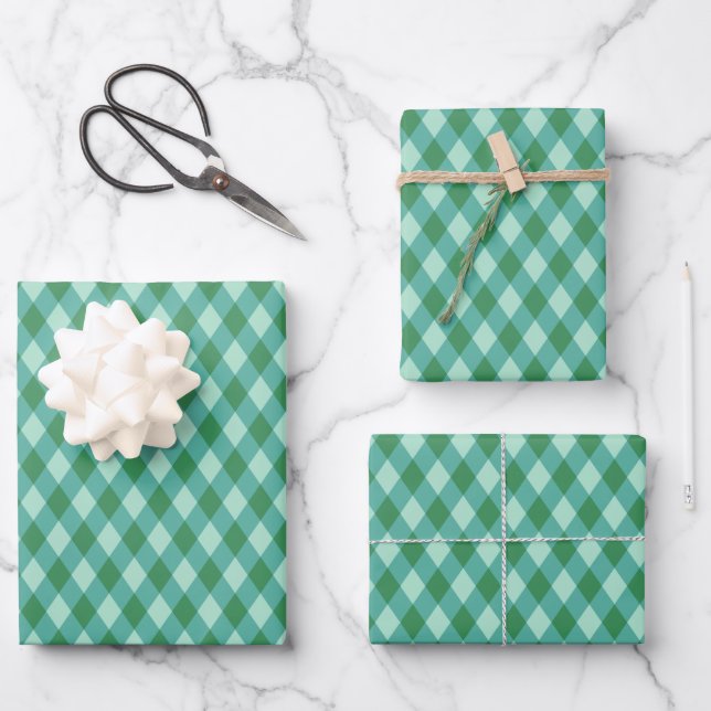 Retro Christmas Diamond Plaid - Green & Turquoise Wrapping Paper Sheet (Front)