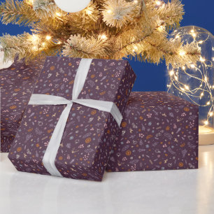 Retro Christmas Doodles Toss in Deep Plum Purple Wrapping Paper