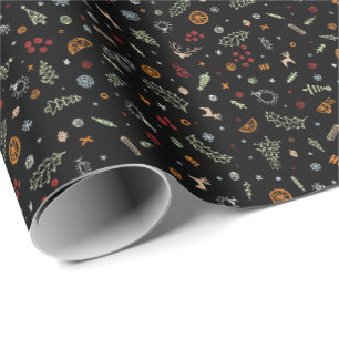 Retro Christmas Doodles Toss in Pure Black Wrapping Paper