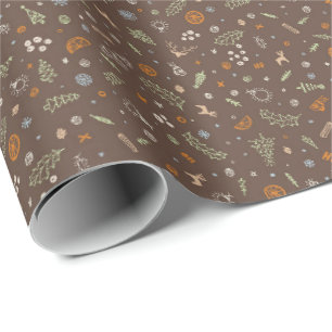 Retro Christmas Doodles Toss in Warm Mid Brown Wrapping Paper
