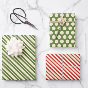 Retro Christmas Dots and Stripes Olive Green & Red Wrapping Paper Sheet