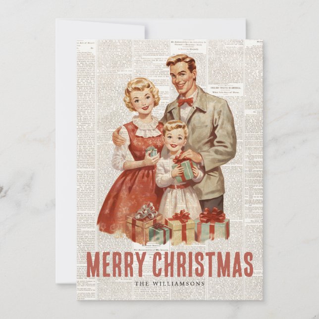 Retro Christmas Family on Old Newspaper Background Holiday Card (Front)