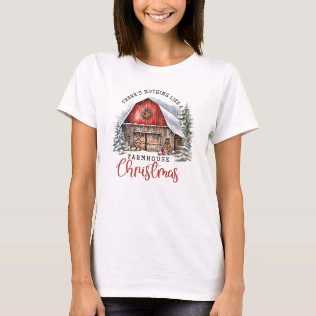 Retro Christmas farmhouse red barn cosy winter T-Shirt (Front)