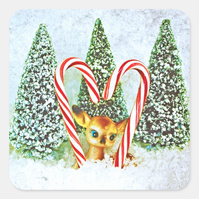 Retro Christmas Fawn Square Sticker (Front)