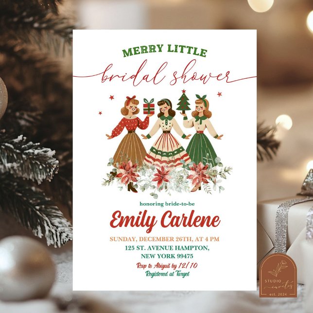 Retro Christmas Floral Merry Little Bridal Shower Invitation (Creator Uploaded)
