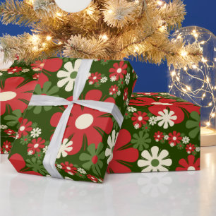 Retro Christmas Flowers 60s 70s Aesthetic Floral  Wrapping Paper