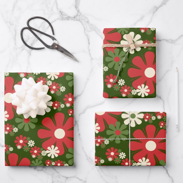 Retro Christmas Flowers 60s 70s Aesthetic Floral Wrapping Paper Sheet (Front)