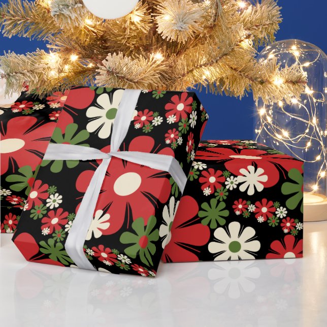 Retro Christmas Flowers 60s 70s Floral on Black Wrapping Paper (Holidays)