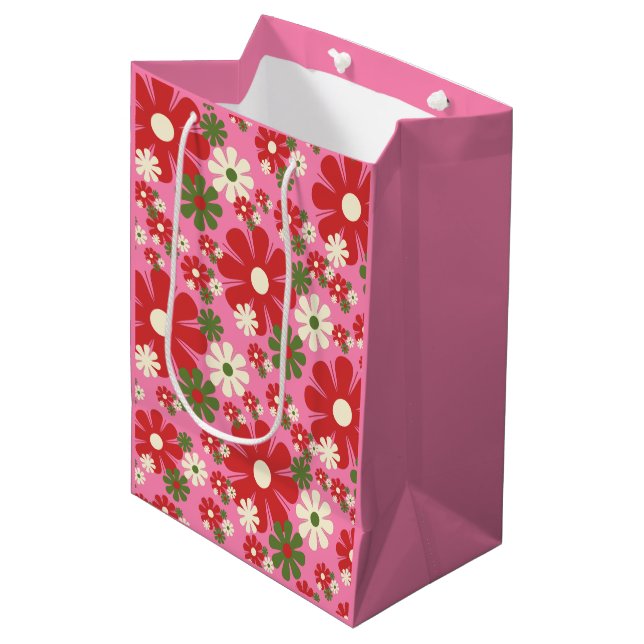 Retro Christmas Flowers 60s 70s Floral on Pink Medium Gift Bag (Front Angled)