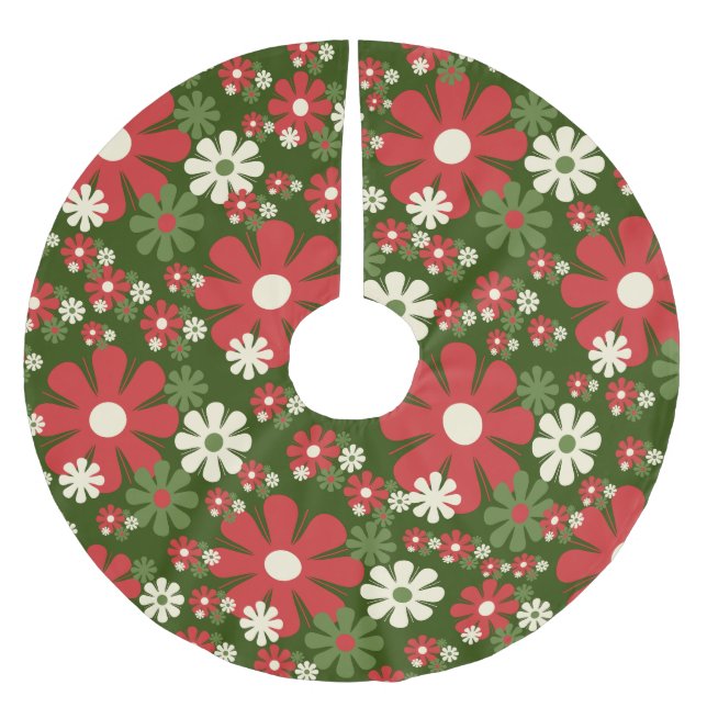 Retro Christmas Flowers 60s 70s Floral Pattern Brushed Polyester Tree Skirt (Front)