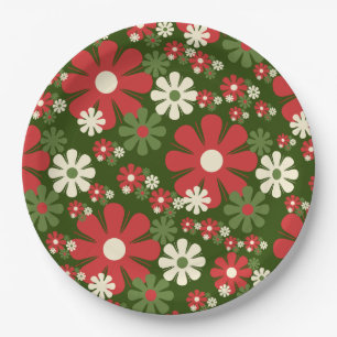 Retro Christmas Flowers 60s 70s Floral Pattern Paper Plate