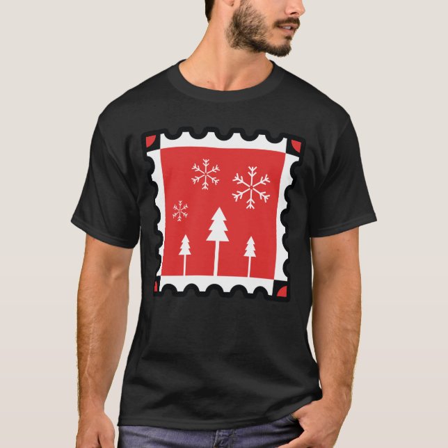 Retro Christmas Forest Red Winter Pines & Snowfl T-Shirt (Front)