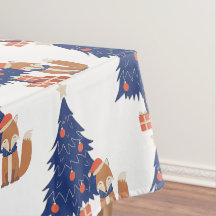 Retro Christmas Fox Illustration Blue Red