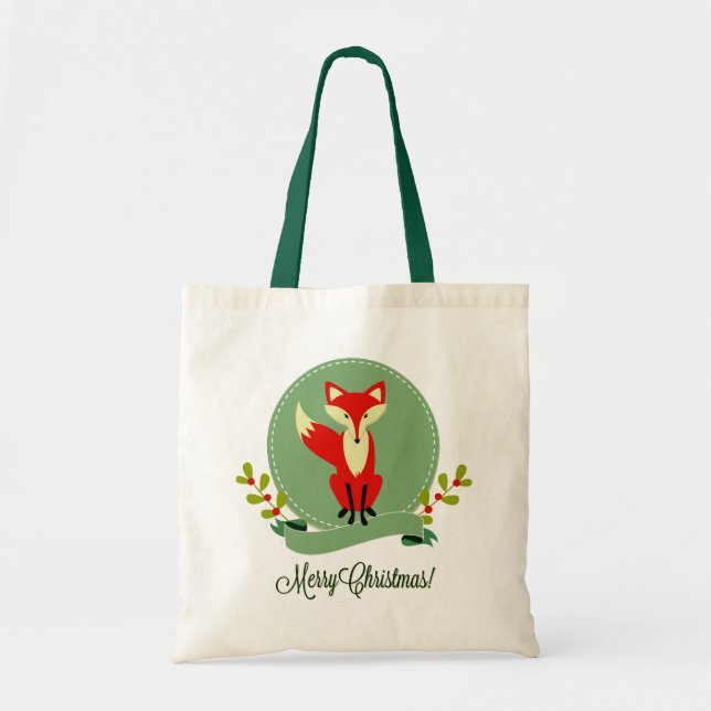 Retro Christmas Fox Pastel Green & Beige 2 Tote Bag (Front)