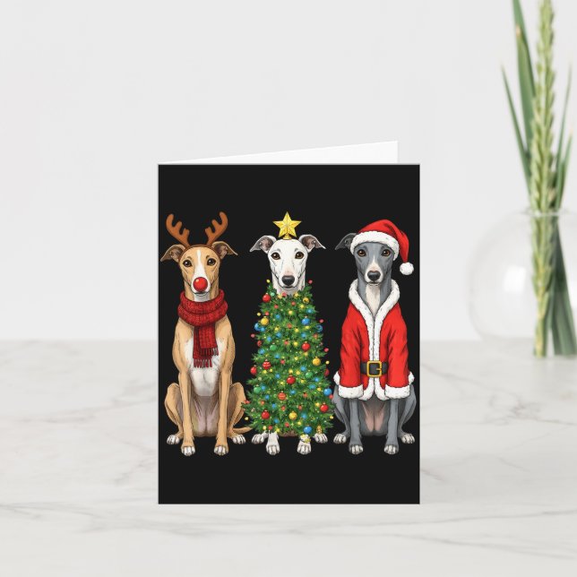 Retro Christmas Ghound Santa Reindeer Dog Lover  Card (Front)
