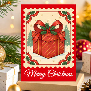 Retro Christmas Gift Box Postage Stamp Holiday Card