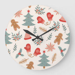 Retro Christmas Gingerbread Pattern. Large Clock