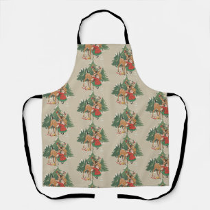 Retro Christmas Girl and Reindeer Vintage Tree  Apron