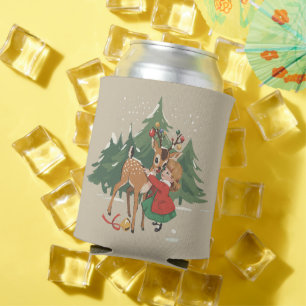 Retro Christmas Girl and Reindeer Vintage Tree  Can Cooler