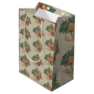 Retro Christmas Girl and Reindeer Vintage Tree  Medium Gift Bag