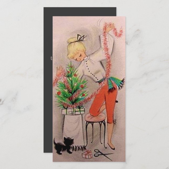 Retro Christmas Girl Trimming Tree Custom Holiday Card (Front/Back)