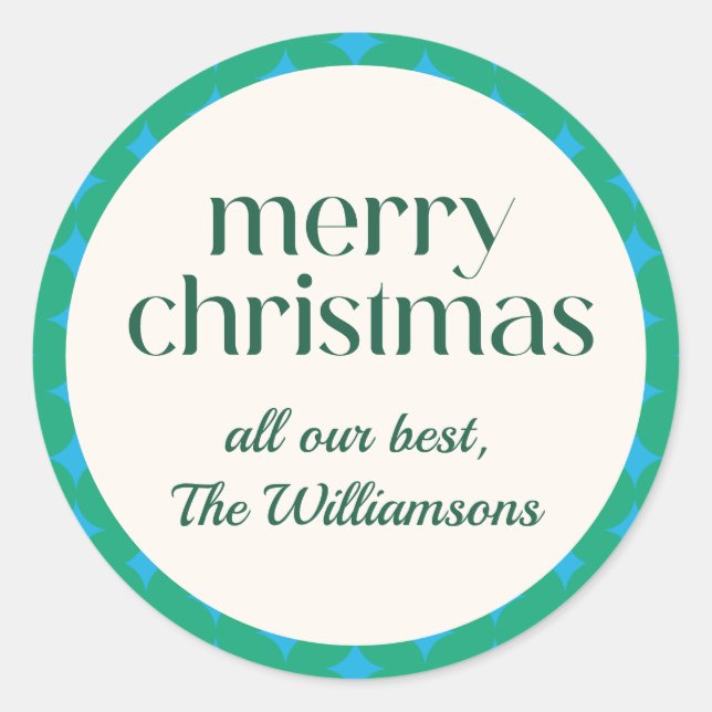 Retro Christmas Green Blue Personalised Name Classic Round Sticker (Front)