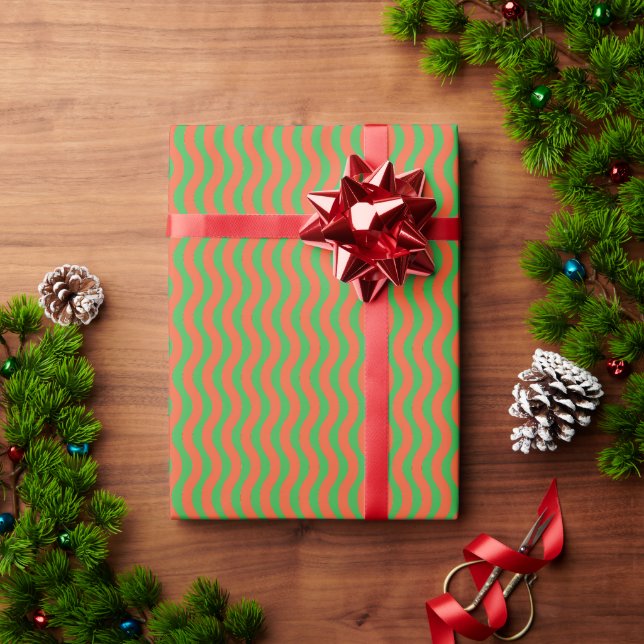 Retro Christmas Groovy Red Green Wavy Stripe  Wrapping Paper (Holiday Gift)