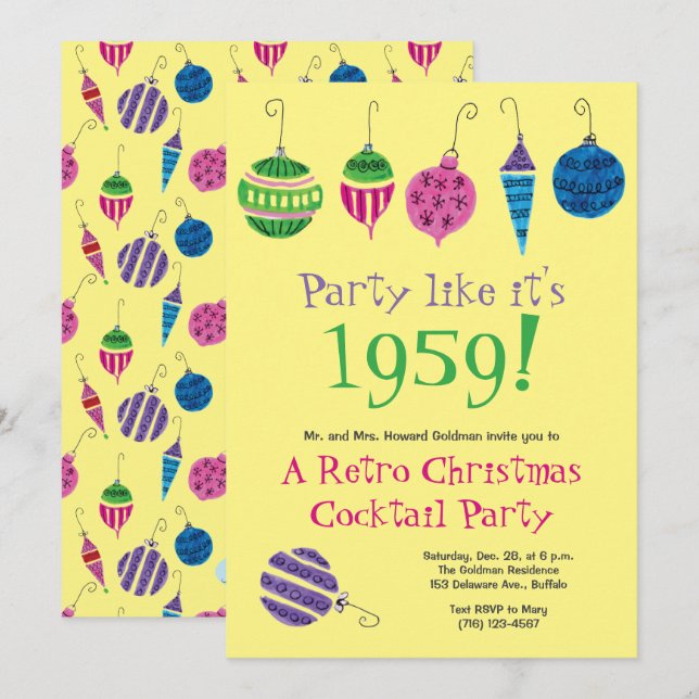 Retro Christmas Hand-Illustrated Cocktail Party  Invitation (Front/Back)