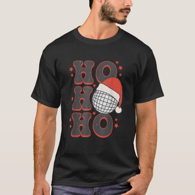 Retro Christmas Ho Ho Ho Disco Ball Santa Hat Groo T-Shirt (Front)
