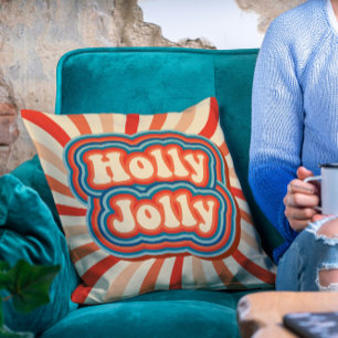 Retro Christmas Holidays Holly Jolly Typography Cushion
