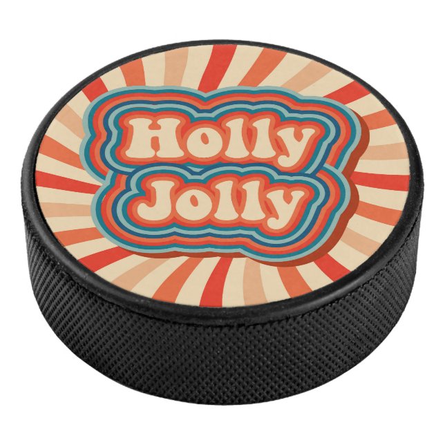 Retro Christmas Holidays Holly Jolly Typography Hockey Puck (3/4)