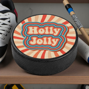 Retro Christmas Holidays Holly Jolly Typography Hockey Puck