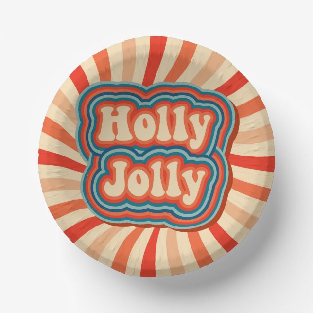 Retro Christmas Holidays Holly Jolly Typography Paper Plate (Front)