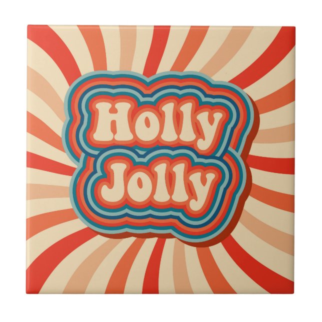 Retro Christmas Holidays Holly Jolly Typography Tile (Front)