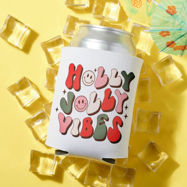 Retro Christmas Holly Jolly Vibes Trendy Holidays Can Cooler (In Situ Summer)