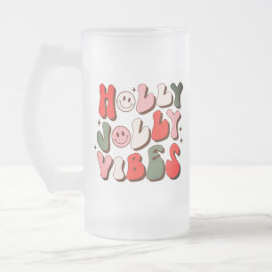 Retro Christmas Holly Jolly Vibes Trendy Holidays Frosted Glass Beer Mug