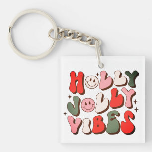 Retro Christmas Holly Jolly Vibes Trendy Holidays Key Ring