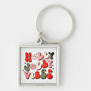 Retro Christmas Holly Jolly Vibes Trendy Holidays Key Ring