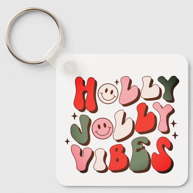 Retro Christmas Holly Jolly Vibes Trendy Holidays Key Ring (Front)