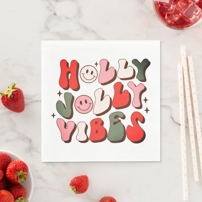 Retro Christmas Holly Jolly Vibes Trendy Holidays Napkin (Insitu)