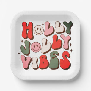 Retro Christmas Holly Jolly Vibes Trendy Holidays Paper Plate