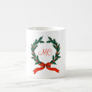 Retro Christmas Holly Wreath with Initials Holiday Coffee Mug