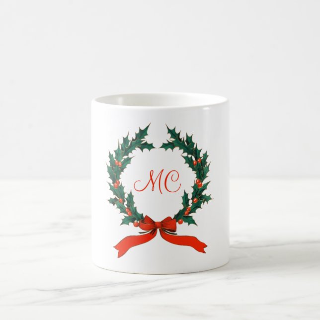 Retro Christmas Holly Wreath with Initials Holiday Coffee Mug (Center)