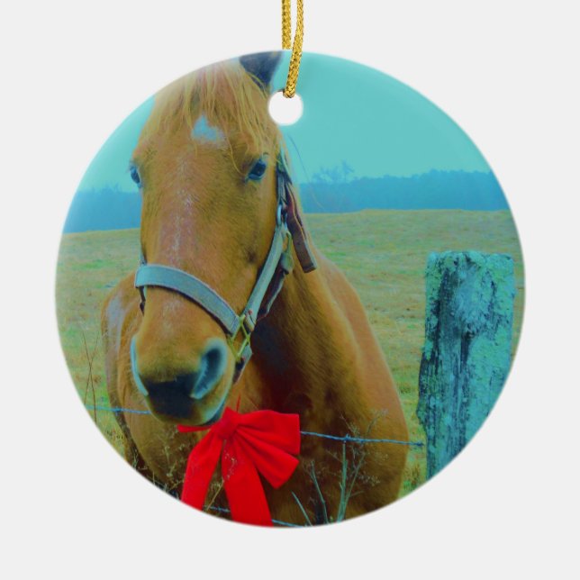 retro Christmas Horse Ceramic Tree Decoration (Front)