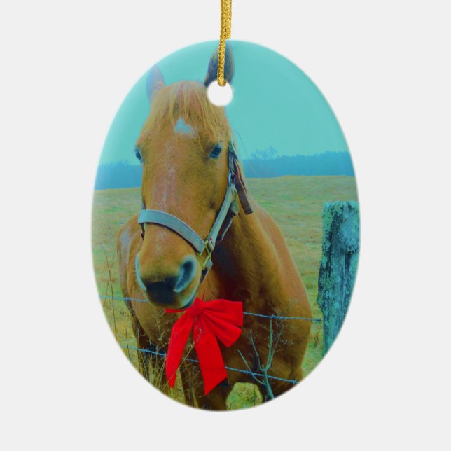 retro Christmas Horse Ceramic Tree Decoration (Front)