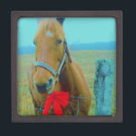 retro Christmas Horse Keepsake Box<br><div class="desc">Christmas Horse Christmas Horse Red bow Christmas Horse Stocking Photo by Sandy Closs , " Christmas Horse ",  "brown and white horse" ,  "western christmas" country"horse at christmas""christmas horse", christmas, ,  xmas horse,  horses teal pastel yellow blue red</div>