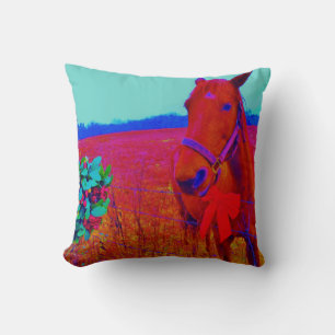Retro Christmas Horse with Mistletoe and Red bow Cushion